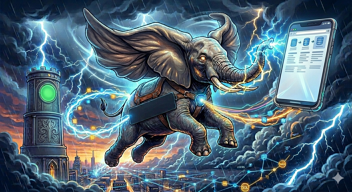 An elephant with vast ears flying through a storm, lightning arcing from its trunk